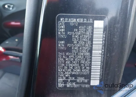 2013 Nissan Juke Sv z USA, uszkodzony, nr VIN JN8AF5MV0DT210077